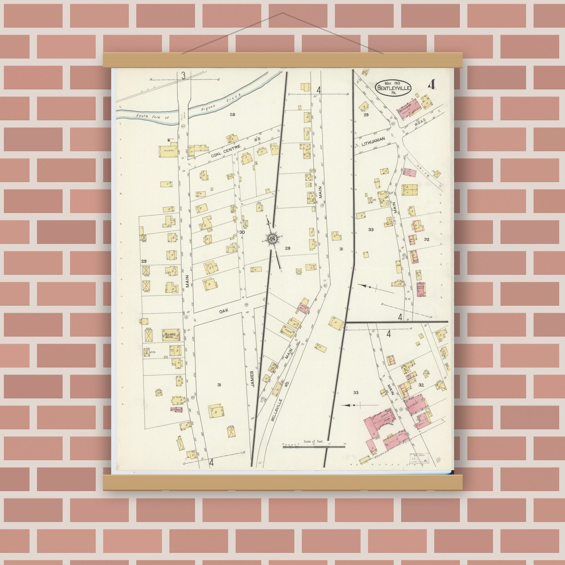 Old map wall art mockup — magnetic wood frame on brick wall — Sanborn Fire Insurance Map from Bentleyville, Washington County, Pennsylvania (1913), Sheet #0004
