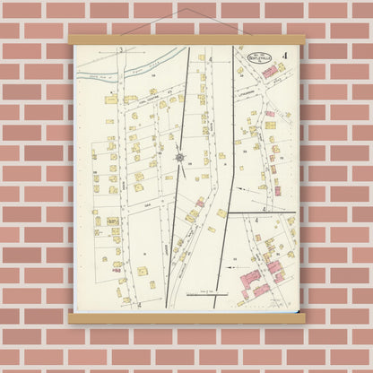 Old map wall art mockup — magnetic wood frame on brick wall — Sanborn Fire Insurance Map from Bentleyville, Washington County, Pennsylvania (1913), Sheet #0004