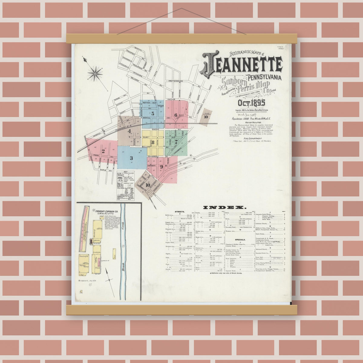 Old map wall art mockup — magnetic wood frame on brick wall — Sanborn Fire Insurance Map from Jeannette, Westmoreland County, Pennsylvania (1895) - Complete Map Set