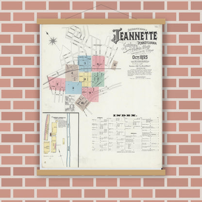 Old map wall art mockup — magnetic wood frame on brick wall — Sanborn Fire Insurance Map from Jeannette, Westmoreland County, Pennsylvania (1895) - Complete Map Set