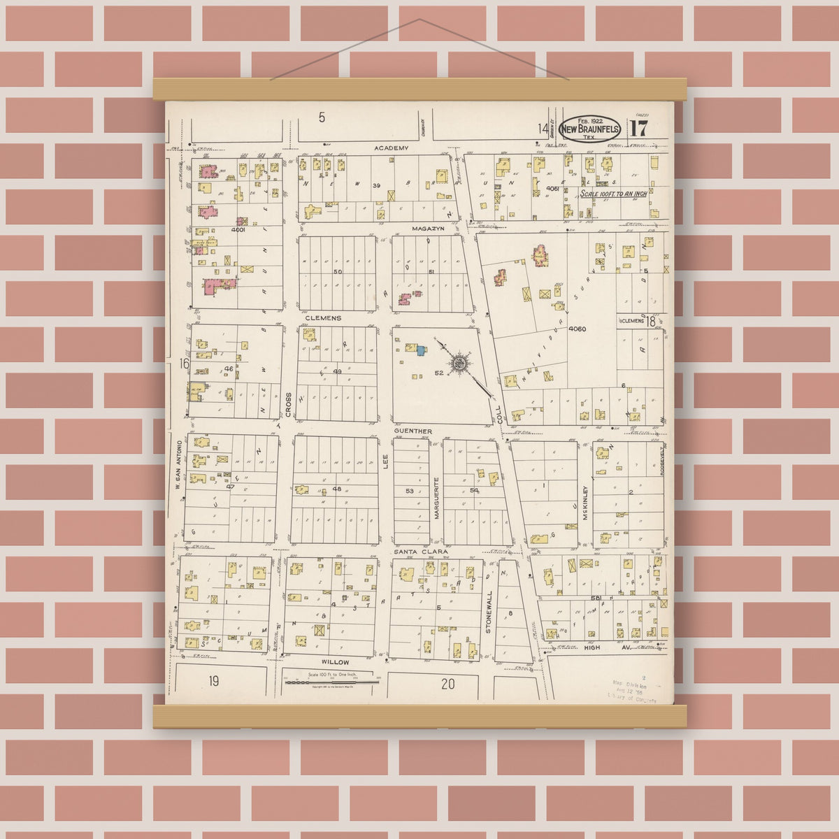 Old map wall art mockup — magnetic wood frame on brick wall — Sanborn Fire Insurance Map from New Braunfels, Comal County, Texas (1922), Sheet #0017