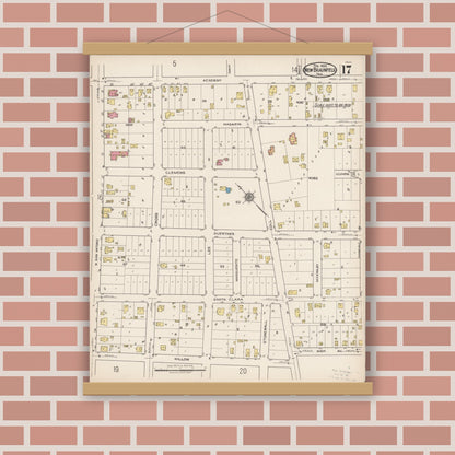 Old map wall art mockup — magnetic wood frame on brick wall — Sanborn Fire Insurance Map from New Braunfels, Comal County, Texas (1922), Sheet #0017