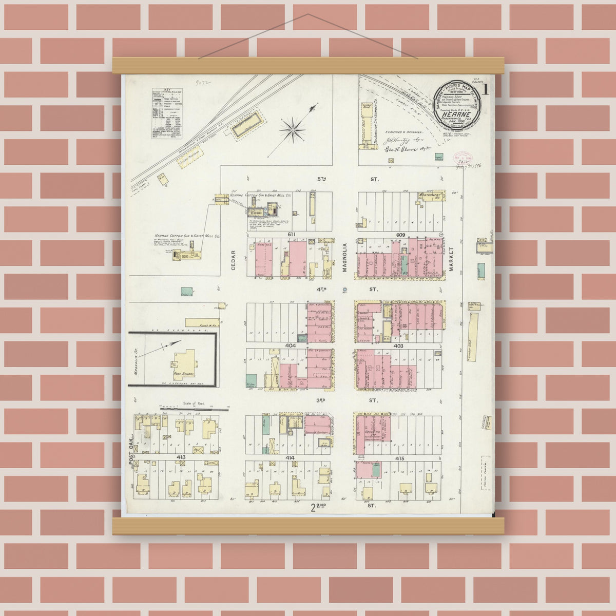 Old map wall art mockup — magnetic wood frame on brick wall — Sanborn Fire Insurance Map from Hearne, Robertson County, Texas (1896), Sheet #0001