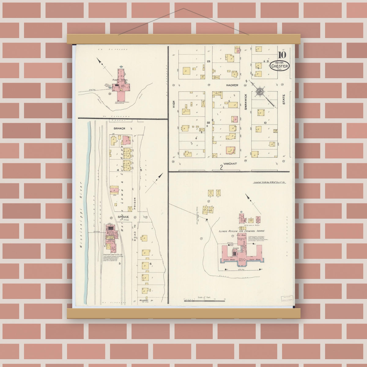 Old map wall art mockup — magnetic wood frame on brick wall — Sanborn Fire Insurance Map from Chester, Randolph County, Illinois (1911), Sheet #0010