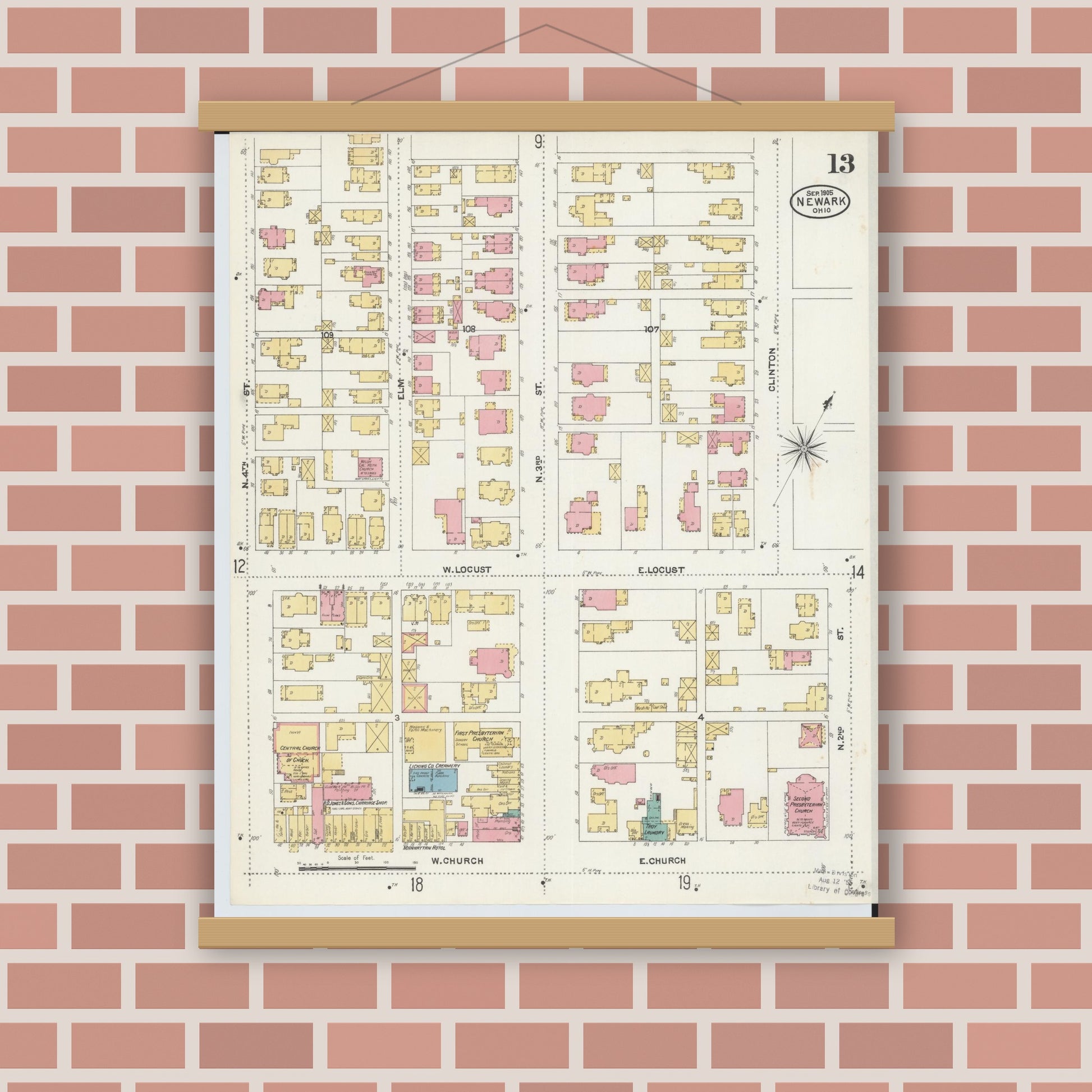 Old map wall art mockup — magnetic wood frame on brick wall — Sanborn Fire Insurance Map from Newark, Licking County, Ohio (1905), Sheet #0013