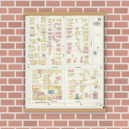 Old map wall art mockup — magnetic wood frame on brick wall — Sanborn Fire Insurance Map from Newark, Licking County, Ohio (1905), Sheet #0013