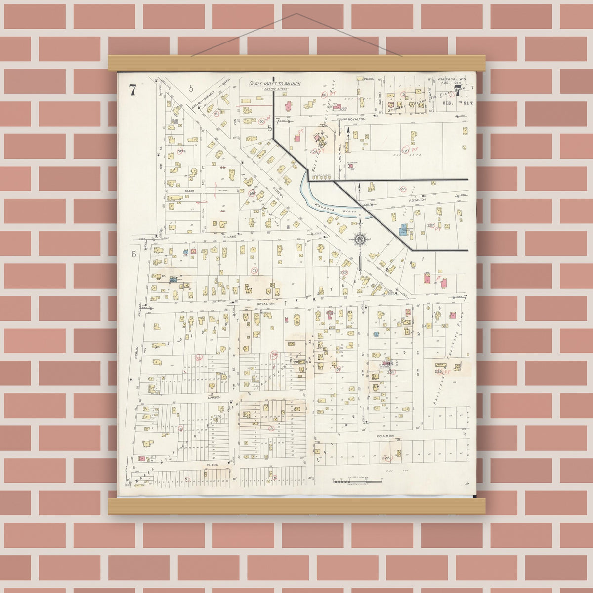 Old map wall art mockup — magnetic wood frame on brick wall — Sanborn Fire Insurance Map from Waupaca, Waupaca County, Wisconsin (1941), Sheet #0007