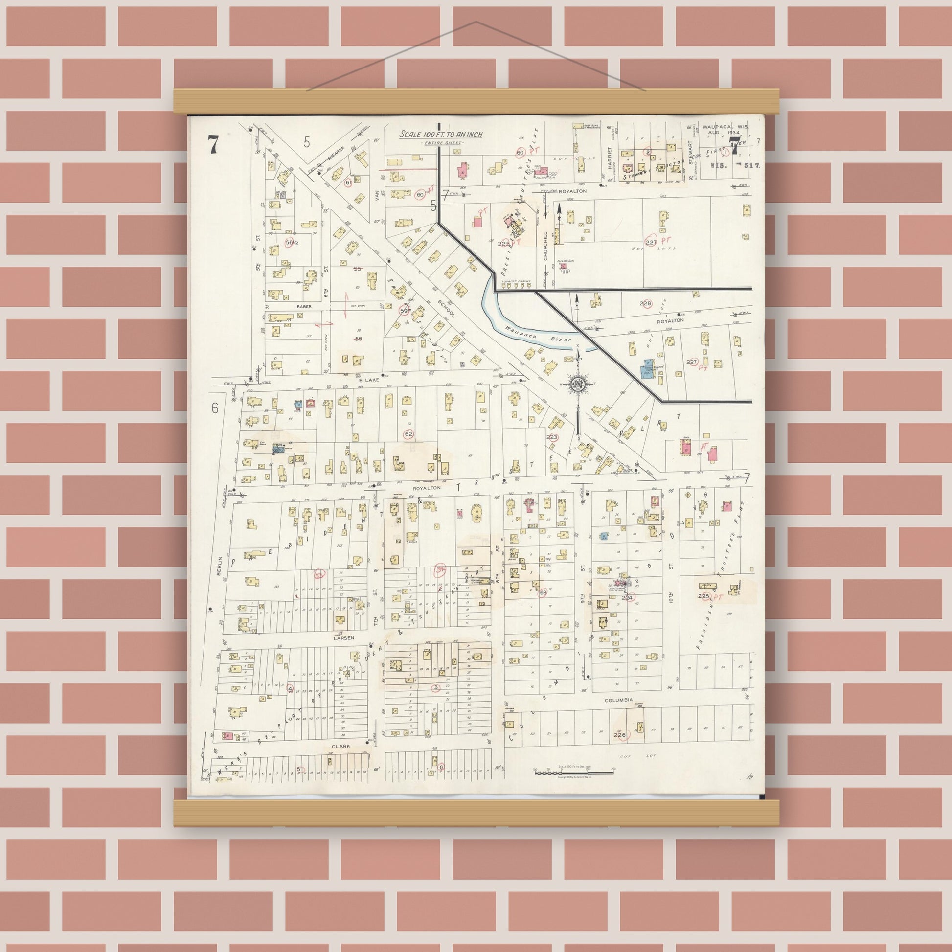 Old map wall art mockup — magnetic wood frame on brick wall — Sanborn Fire Insurance Map from Waupaca, Waupaca County, Wisconsin (1941), Sheet #0007