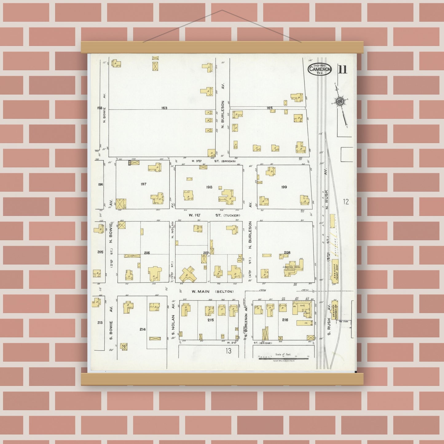 Old map wall art mockup — magnetic wood frame on brick wall — Sanborn Fire Insurance Map from Cameron, Milam County, Texas (1920), Sheet #0011