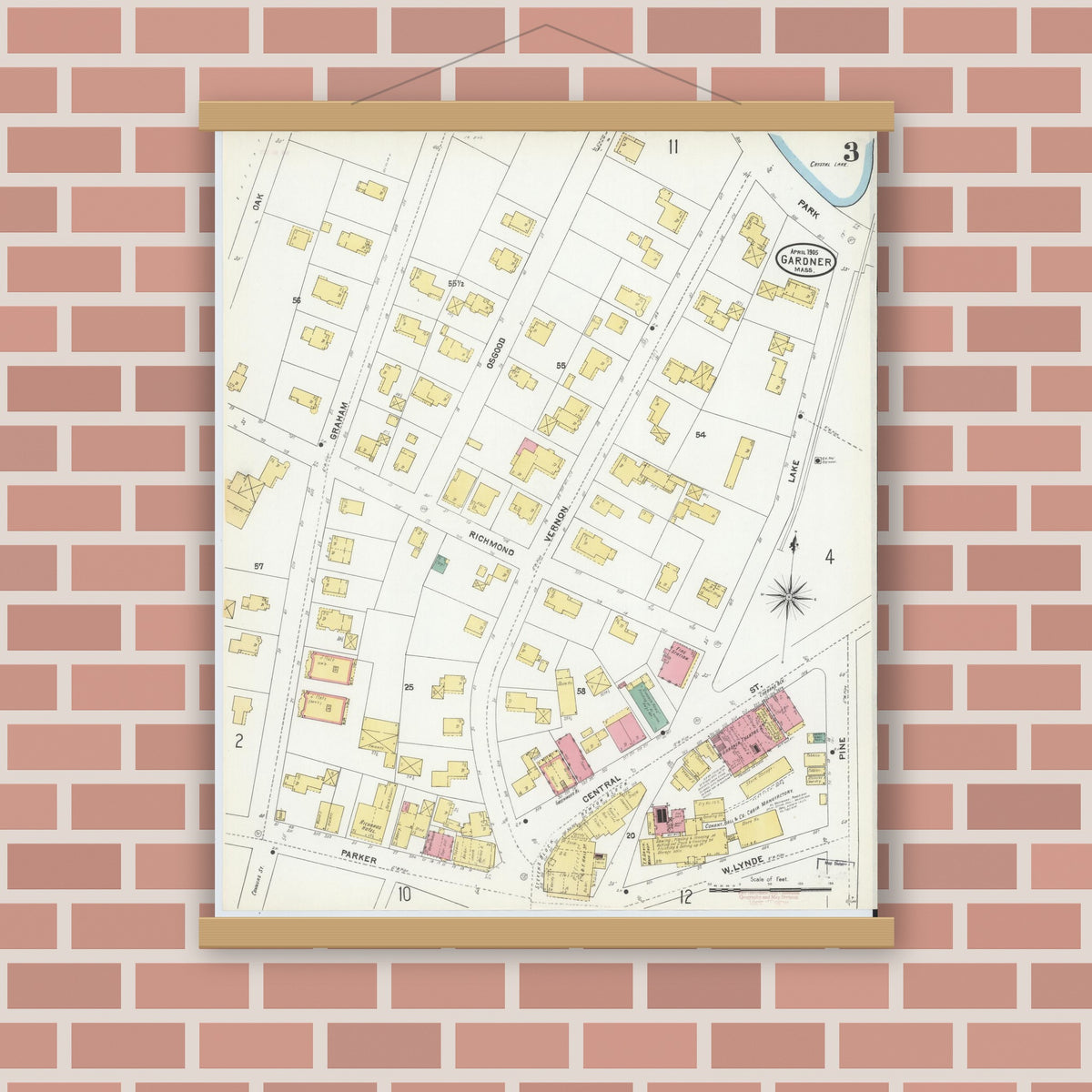 Old map wall art mockup — magnetic wood frame on brick wall — Sanborn Fire Insurance Map from Gardner, Worcester County, Massachusetts (1905), Sheet #0003