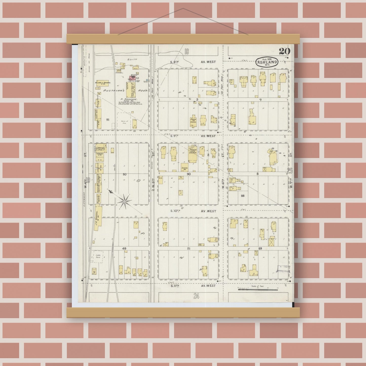 Old map wall art mockup — magnetic wood frame on brick wall — Sanborn Fire Insurance Map from Ashland, Ashland County, Wisconsin (1895), Sheet #0020