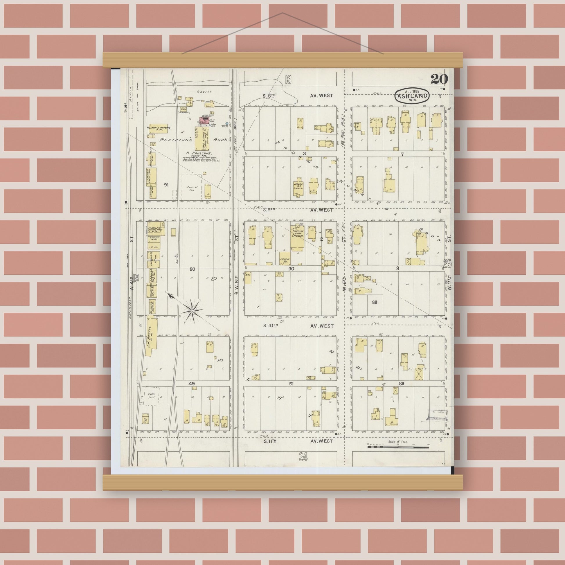 Old map wall art mockup — magnetic wood frame on brick wall — Sanborn Fire Insurance Map from Ashland, Ashland County, Wisconsin (1895), Sheet #0020