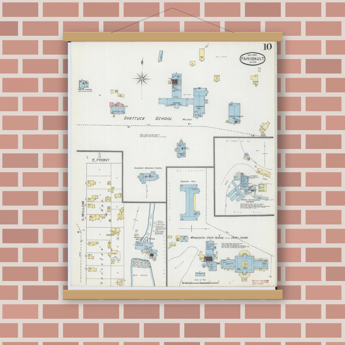 Old map wall art mockup — magnetic wood frame on brick wall — Sanborn Fire Insurance Map from Faribault, Rice County, Minnesota (1893), Sheet #0010