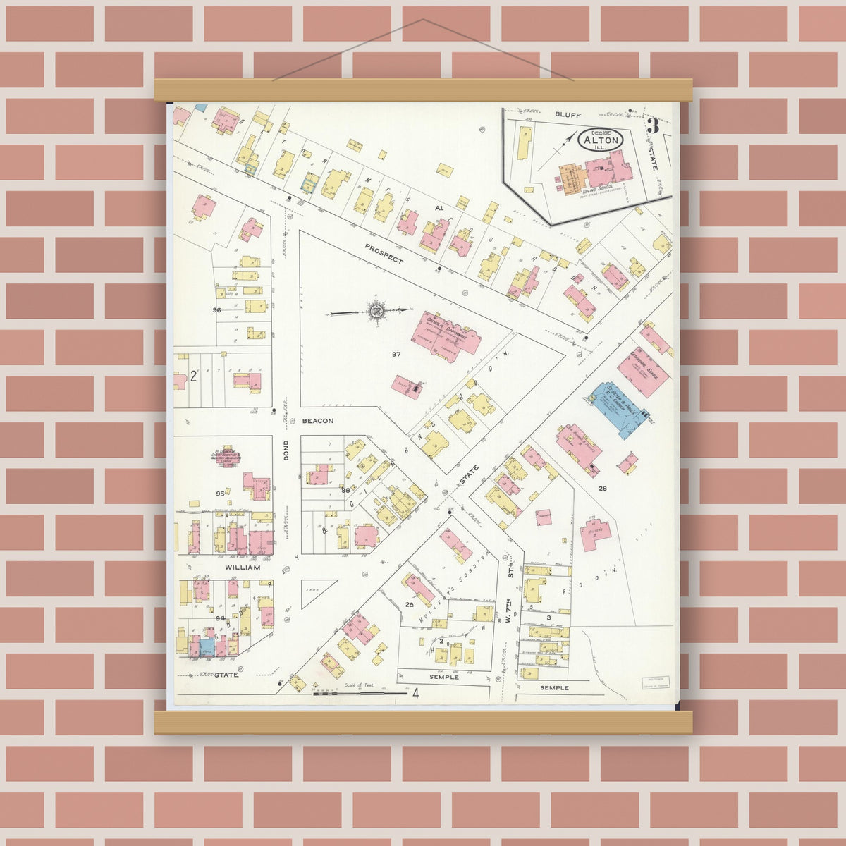 Old map wall art mockup — magnetic wood frame on brick wall — Sanborn Fire Insurance Map from Alton, Madison County, Illinois (1915), Sheet #0003