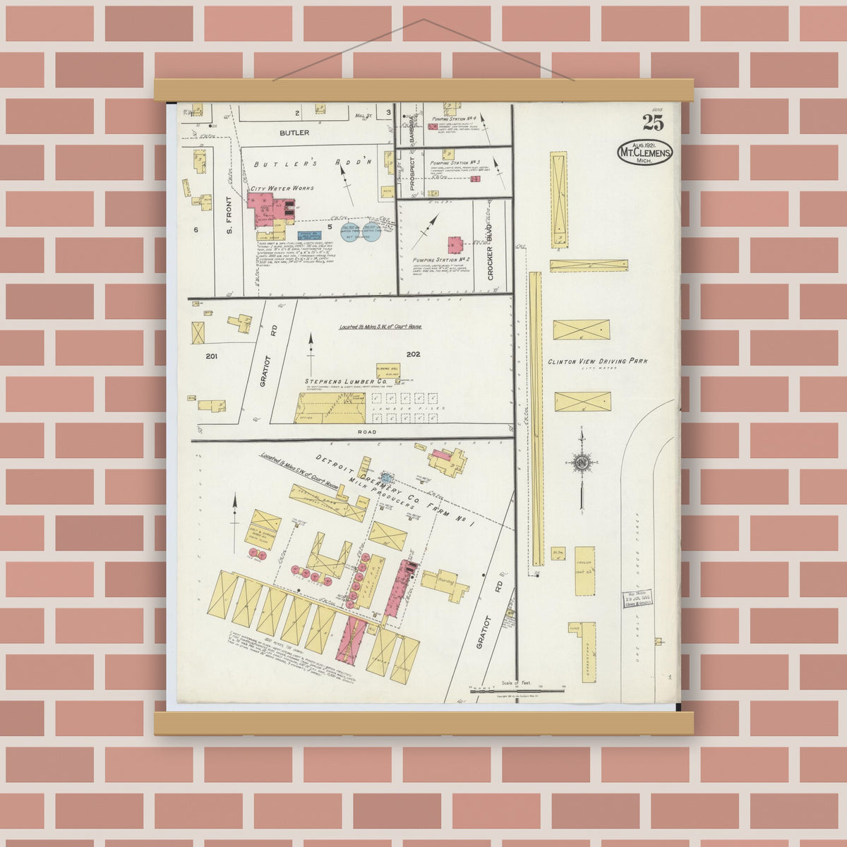 Old map wall art mockup — magnetic wood frame on brick wall — Sanborn Fire Insurance Map from Mount Clemens, Macomb County, Michigan (1921), Sheet #0025
