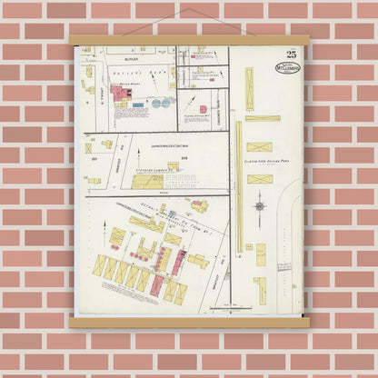 Old map wall art mockup — magnetic wood frame on brick wall — Sanborn Fire Insurance Map from Mount Clemens, Macomb County, Michigan (1921), Sheet #0025