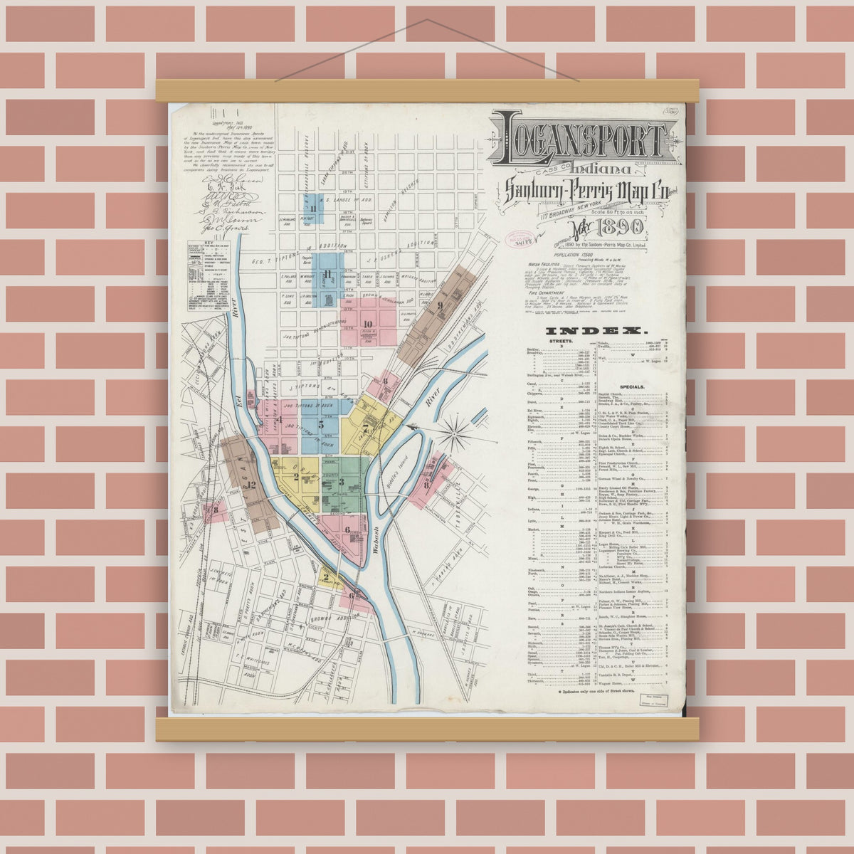 Old map wall art mockup — magnetic wood frame on brick wall — Sanborn Fire Insurance Map from Logansport, Cass County, Indiana (1890) - Complete Map Set