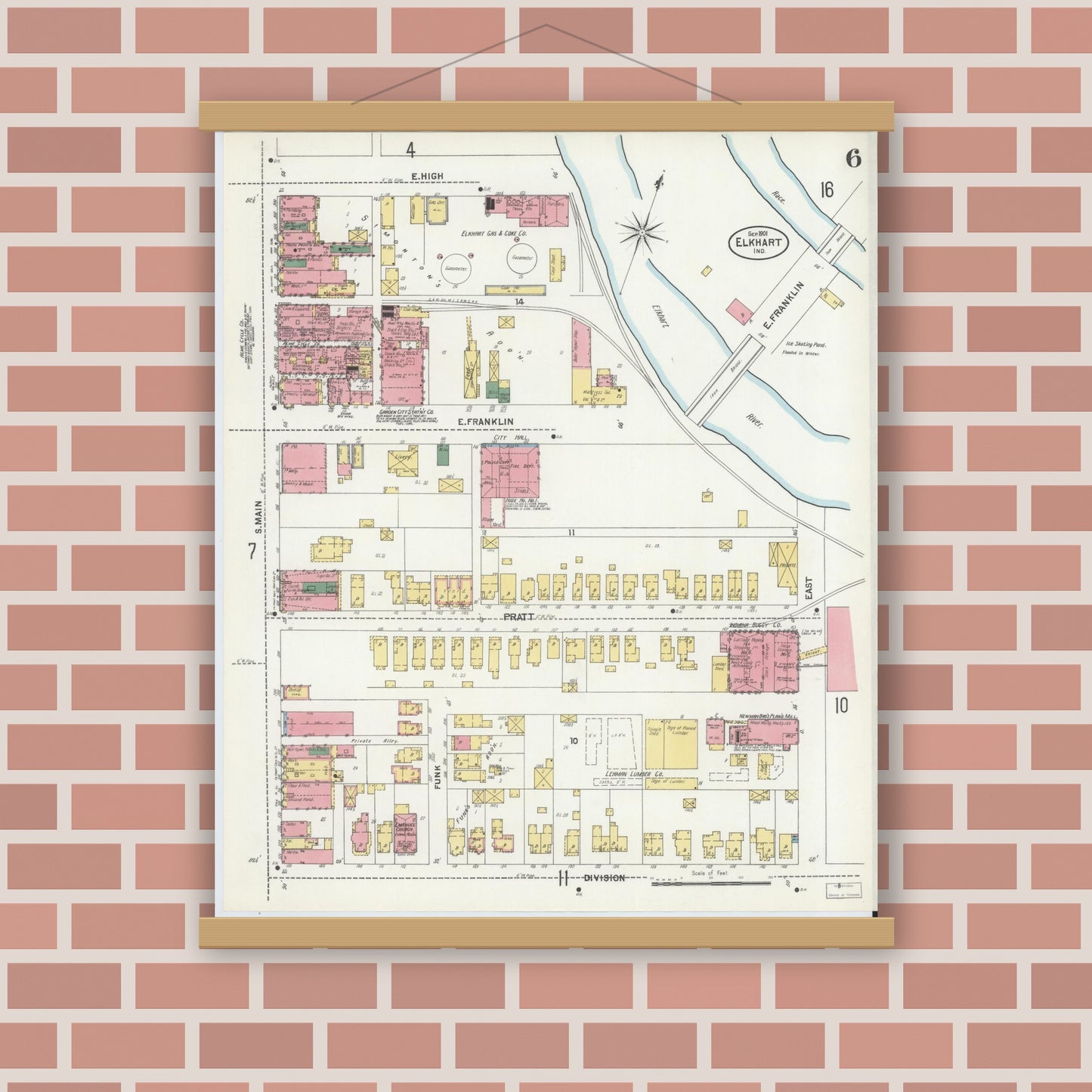 Old map wall art mockup — magnetic wood frame on brick wall — Sanborn Fire Insurance Map from Elkhart, Elkhart County, Indiana (1901), Sheet #0006