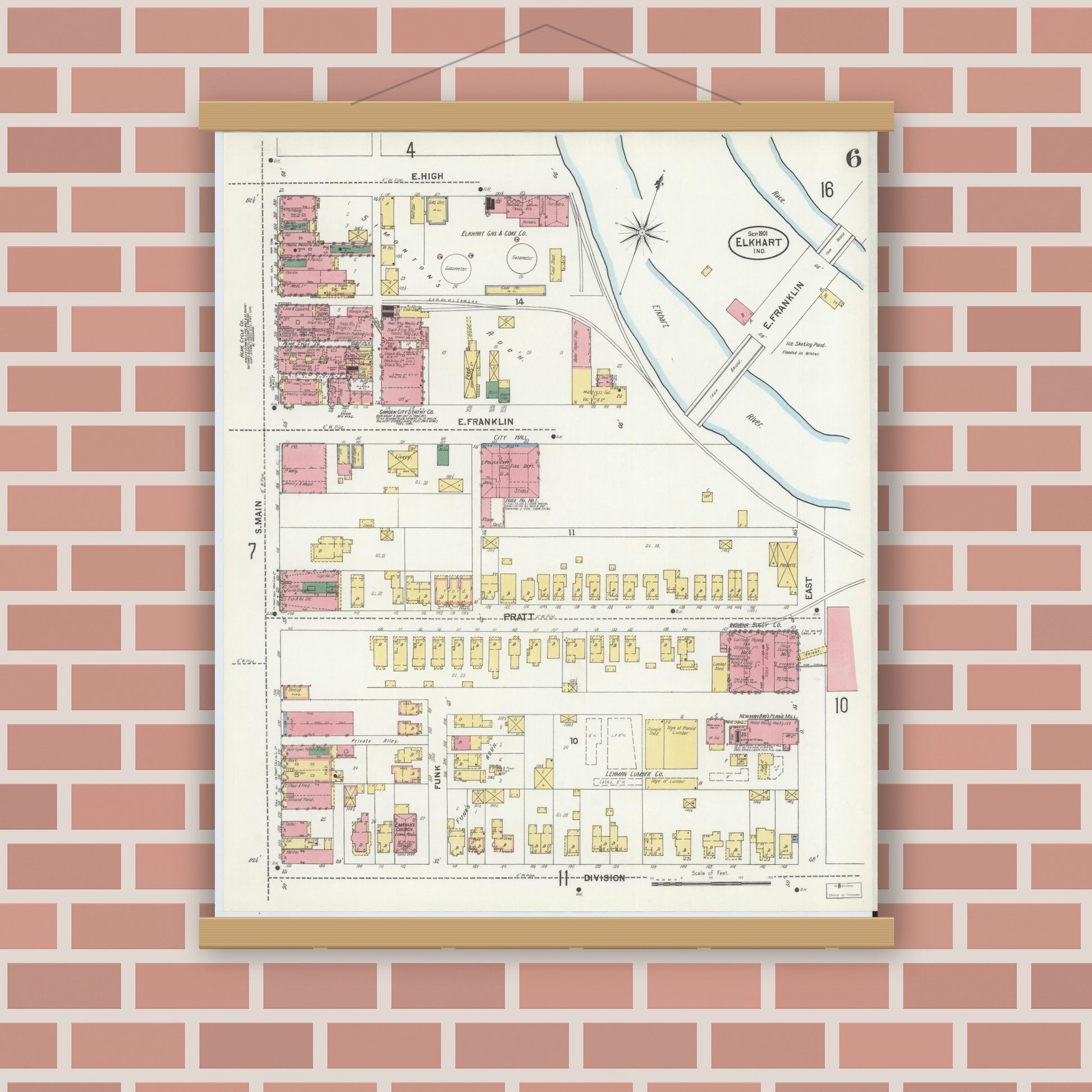 Old map wall art mockup — magnetic wood frame on brick wall — Sanborn Fire Insurance Map from Elkhart, Elkhart County, Indiana (1901), Sheet #0006