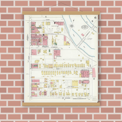 Old map wall art mockup — magnetic wood frame on brick wall — Sanborn Fire Insurance Map from Elkhart, Elkhart County, Indiana (1901), Sheet #0006
