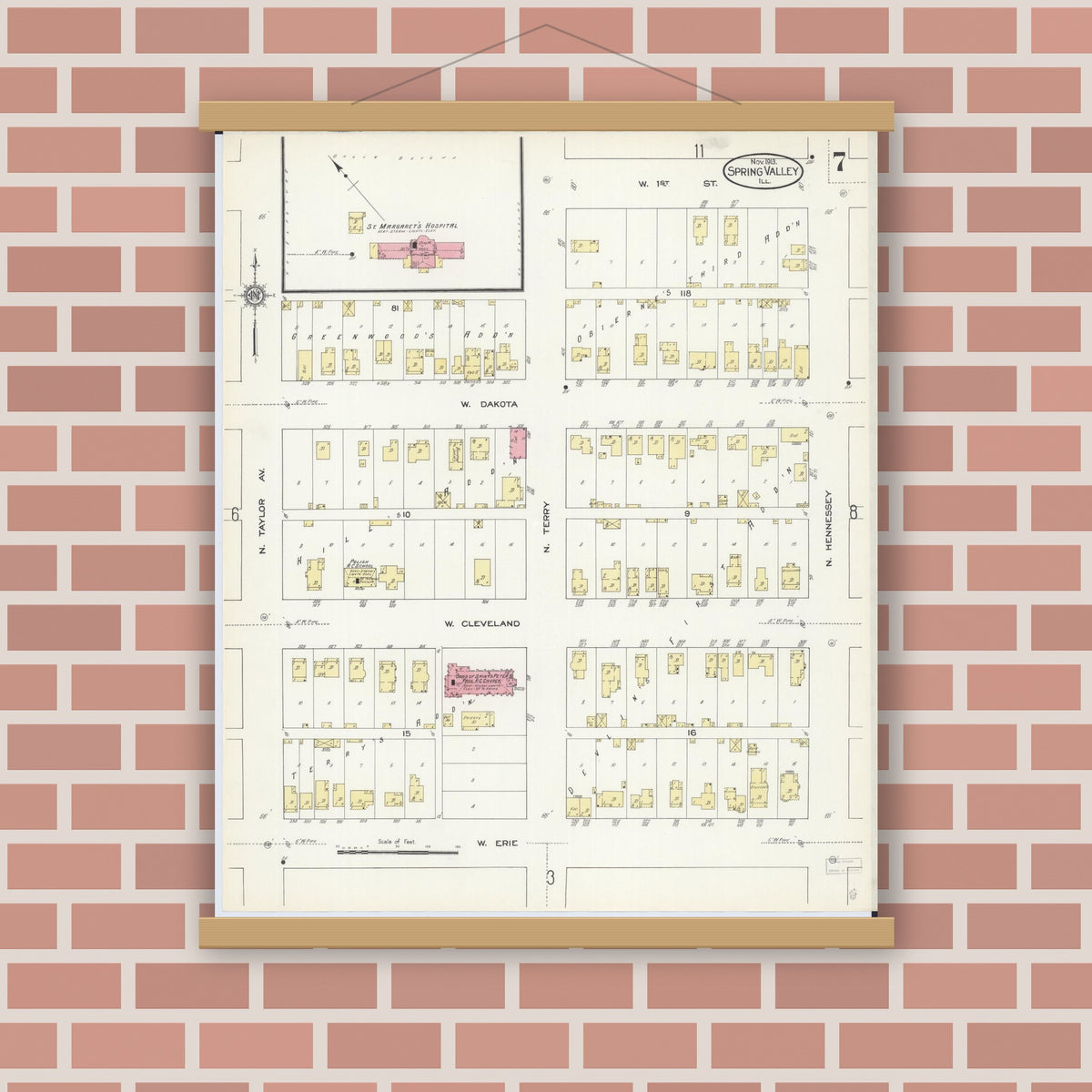 Old map wall art mockup — magnetic wood frame on brick wall — Sanborn Fire Insurance Map from Spring Valley, Bureau County, Illinois (1913), Sheet #0007