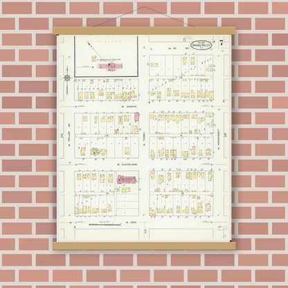 Old map wall art mockup — magnetic wood frame on brick wall — Sanborn Fire Insurance Map from Spring Valley, Bureau County, Illinois (1913), Sheet #0007