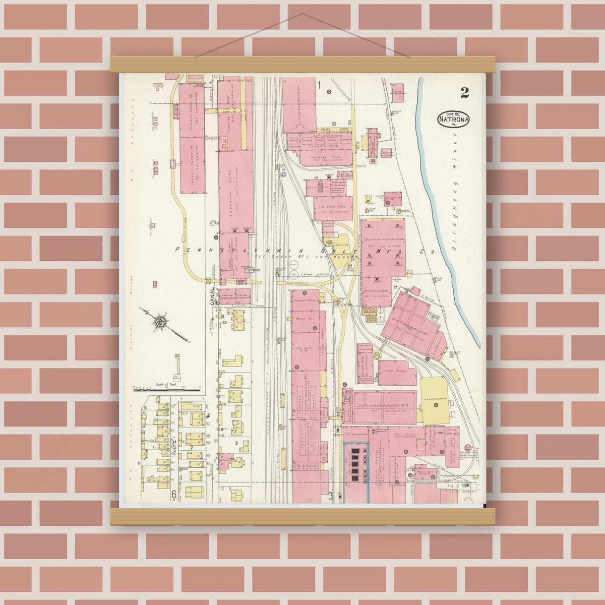 Old map wall art mockup — magnetic wood frame on brick wall — Sanborn Fire Insurance Map from Natrona, Allegheny County, Pennsylvania (1912), Sheet #0002