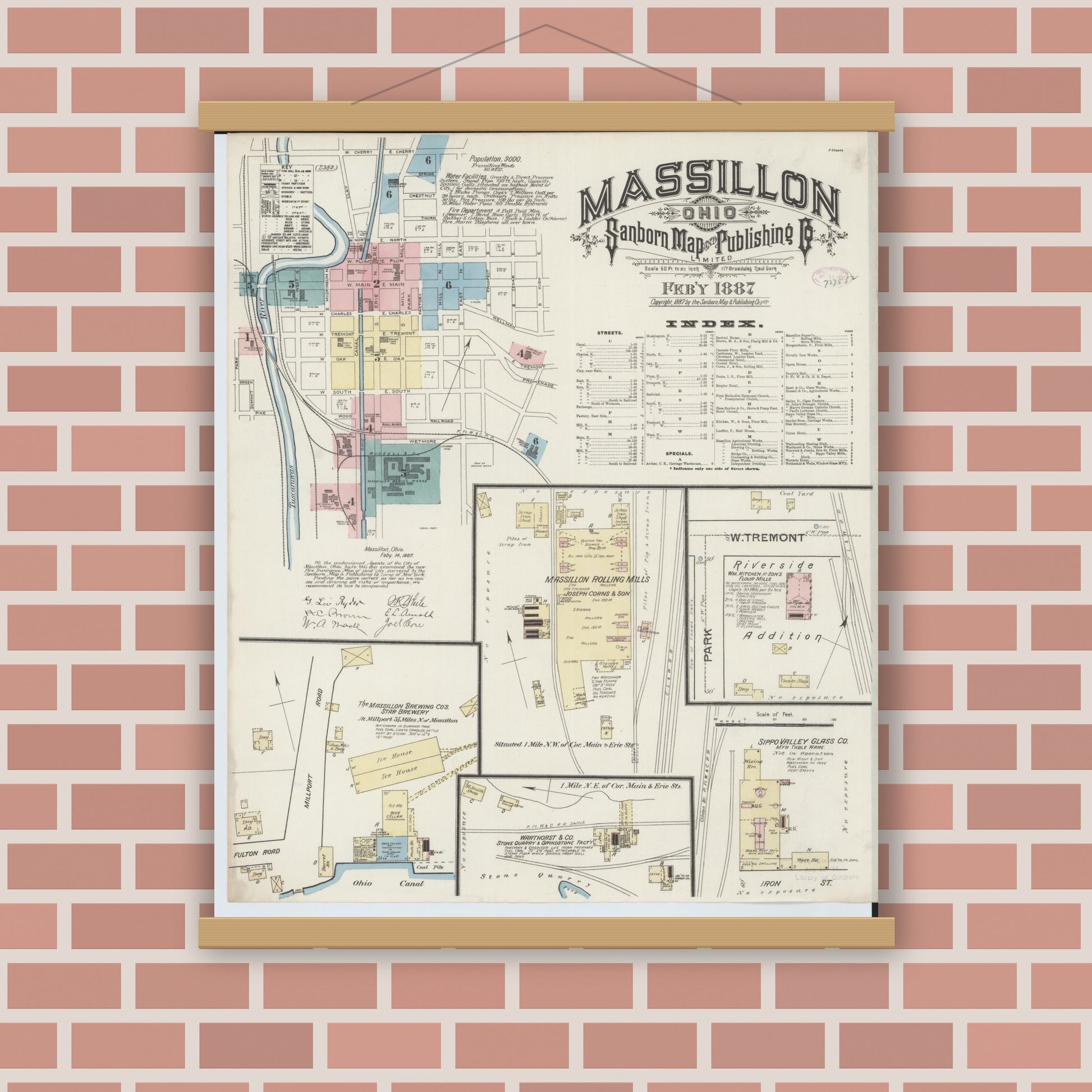 Old map wall art mockup — magnetic wood frame on brick wall — Sanborn Fire Insurance Map from Massillon, Stark County, Ohio (1887), Sheet #0001