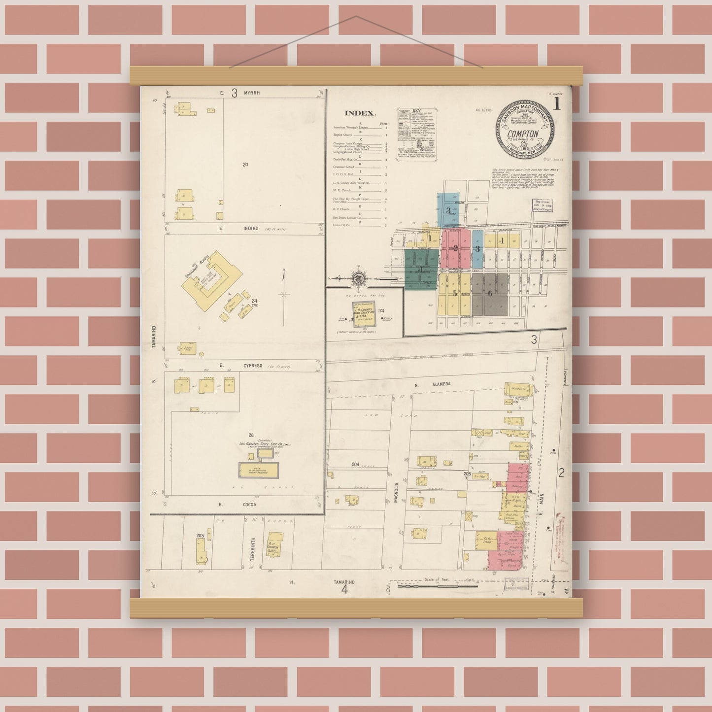 Old map wall art mockup — magnetic wood frame on brick wall — Sanborn Fire Insurance Map from Compton, Los Angeles County, California (1916) - Complete Map Set