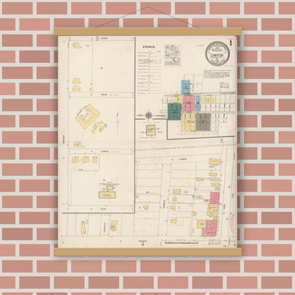 Old map wall art mockup — magnetic wood frame on brick wall — Sanborn Fire Insurance Map from Compton, Los Angeles County, California (1916) - Complete Map Set