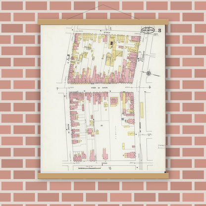 Old map wall art mockup — magnetic wood frame on brick wall — Sanborn Fire Insurance Map from Burlington, Burlington County, New Jersey (1915), Sheet #0008