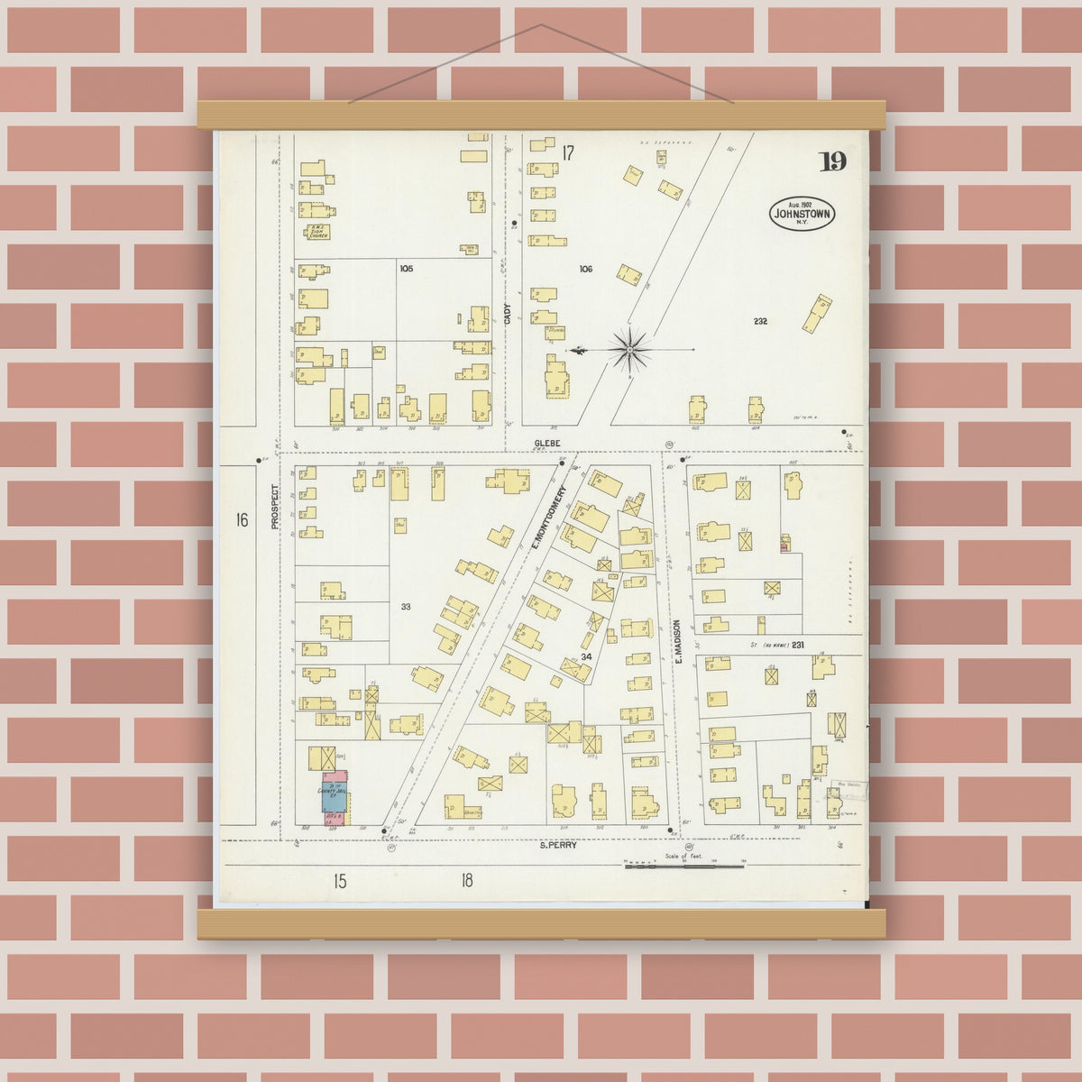 Old map wall art mockup — magnetic wood frame on brick wall — Sanborn Fire Insurance Map from Johnstown, Fulton County, New York (1902), Sheet #0019