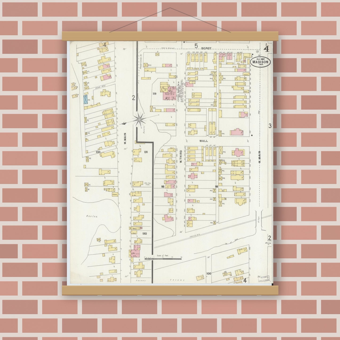 Old map wall art mockup — magnetic wood frame on brick wall — Sanborn Fire Insurance Map from Madison, Jefferson County, Indiana (1897), Sheet #0004