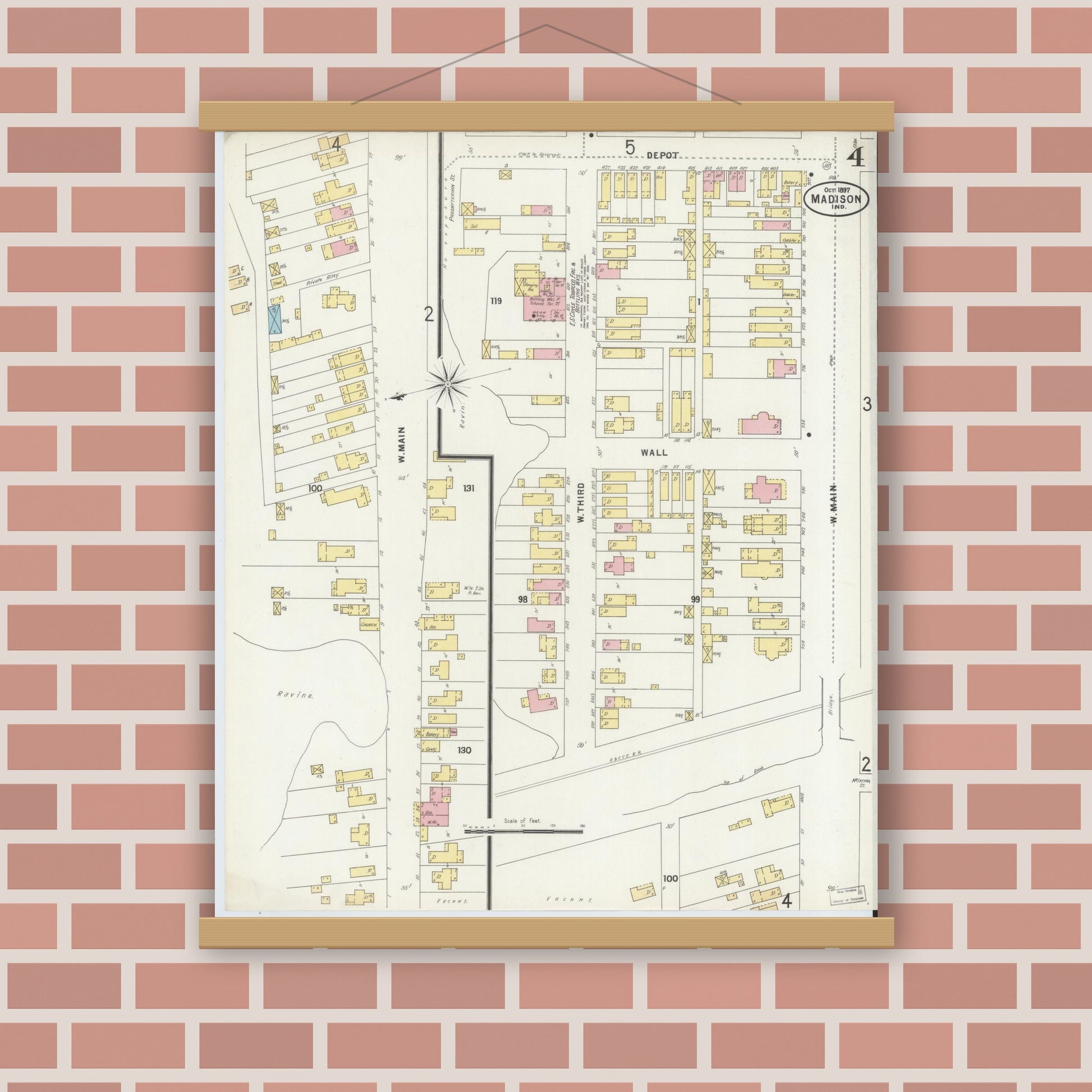 Old map wall art mockup — magnetic wood frame on brick wall — Sanborn Fire Insurance Map from Madison, Jefferson County, Indiana (1897), Sheet #0004