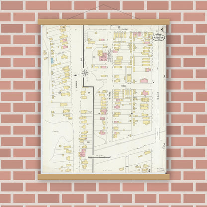 Old map wall art mockup — magnetic wood frame on brick wall — Sanborn Fire Insurance Map from Madison, Jefferson County, Indiana (1897), Sheet #0004
