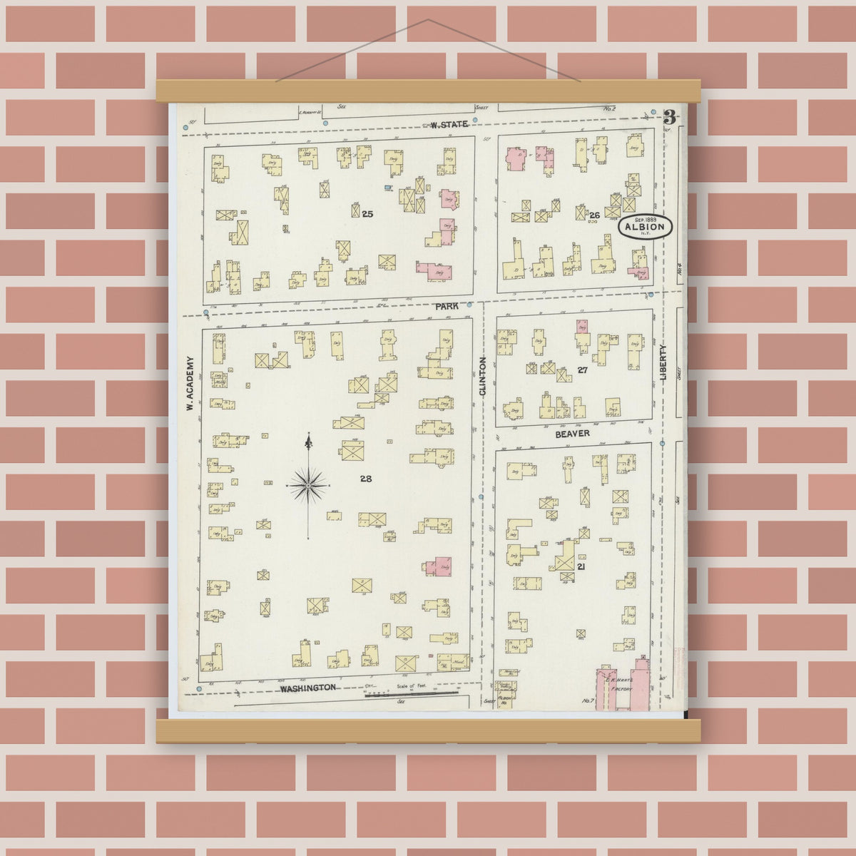 Old map wall art mockup — magnetic wood frame on brick wall — Sanborn Fire Insurance Map from Albion, Orleans County, New York (1889), Sheet #0003