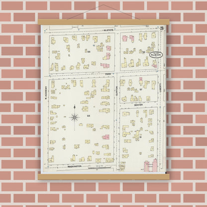 Old map wall art mockup — magnetic wood frame on brick wall — Sanborn Fire Insurance Map from Albion, Orleans County, New York (1889), Sheet #0003