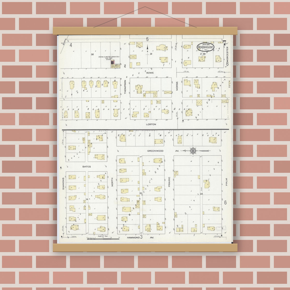 Old map wall art mockup — magnetic wood frame on brick wall — Sanborn Fire Insurance Map from Roodhouse, Greene County, Illinois (1914), Sheet #0007