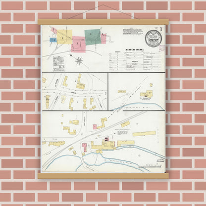Old map wall art mockup — magnetic wood frame on brick wall — Sanborn Fire Insurance Map from Groton, Middlesex County, Massachusetts (1906), Sheet #0001