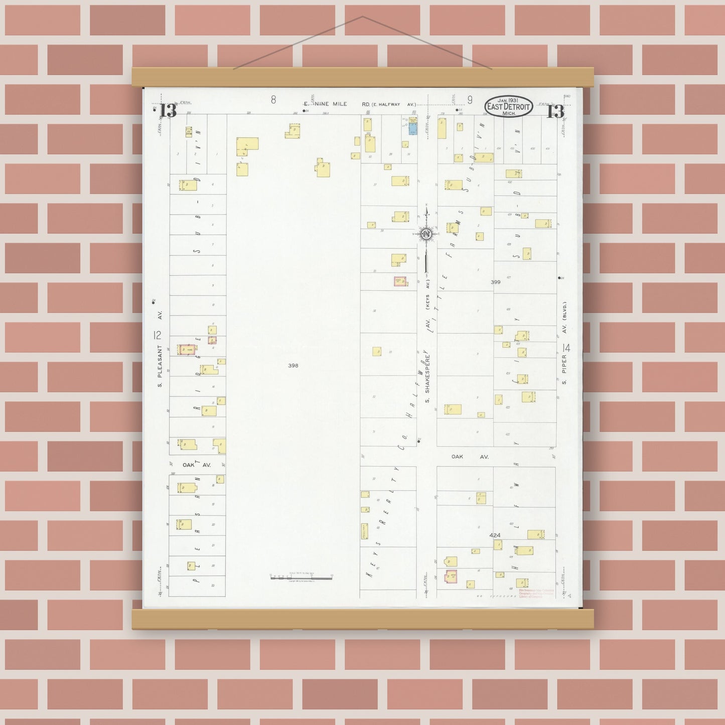 Old map wall art mockup — magnetic wood frame on brick wall — Sanborn Fire Insurance Map from East Detroit, Macomb County, Michigan (1931), Sheet #0013