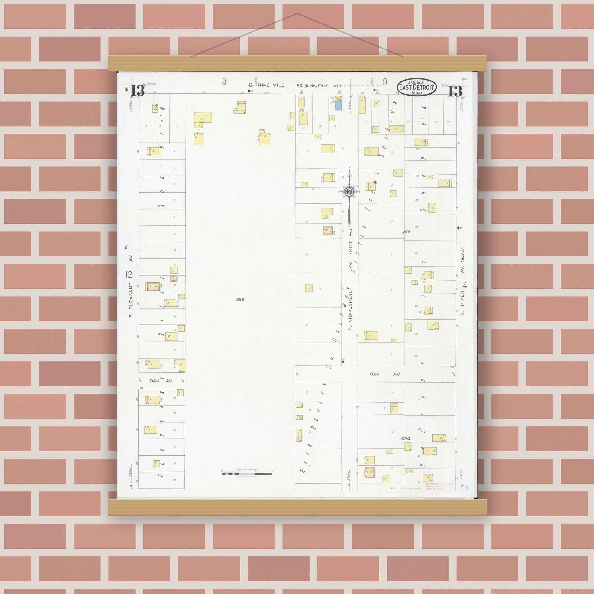 Old map wall art mockup — magnetic wood frame on brick wall — Sanborn Fire Insurance Map from East Detroit, Macomb County, Michigan (1931), Sheet #0013