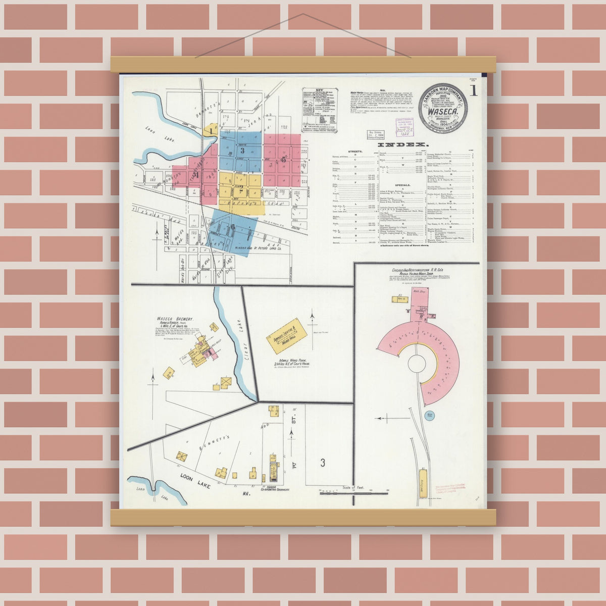 Old map wall art mockup — magnetic wood frame on brick wall — Sanborn Fire Insurance Map from Waseca, Waseca County, Minnesota (1904), Sheet #0001