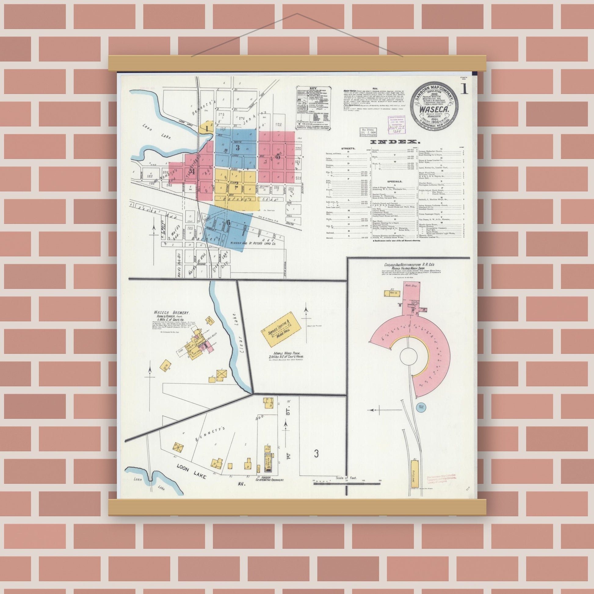 Old map wall art mockup — magnetic wood frame on brick wall — Sanborn Fire Insurance Map from Waseca, Waseca County, Minnesota (1904), Sheet #0001