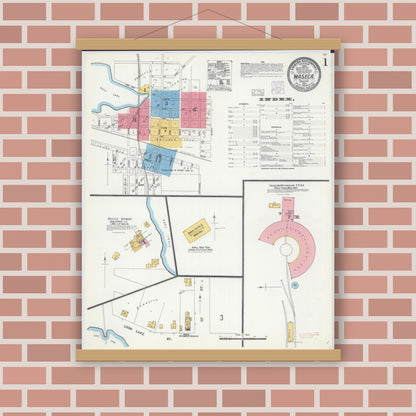 Old map wall art mockup — magnetic wood frame on brick wall — Sanborn Fire Insurance Map from Waseca, Waseca County, Minnesota (1904), Sheet #0001