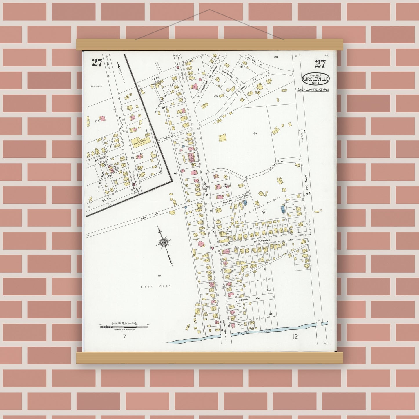 Old map wall art mockup — magnetic wood frame on brick wall — Sanborn Fire Insurance Map from Circleville, Pickaway County, Ohio (1927), Sheet #0027