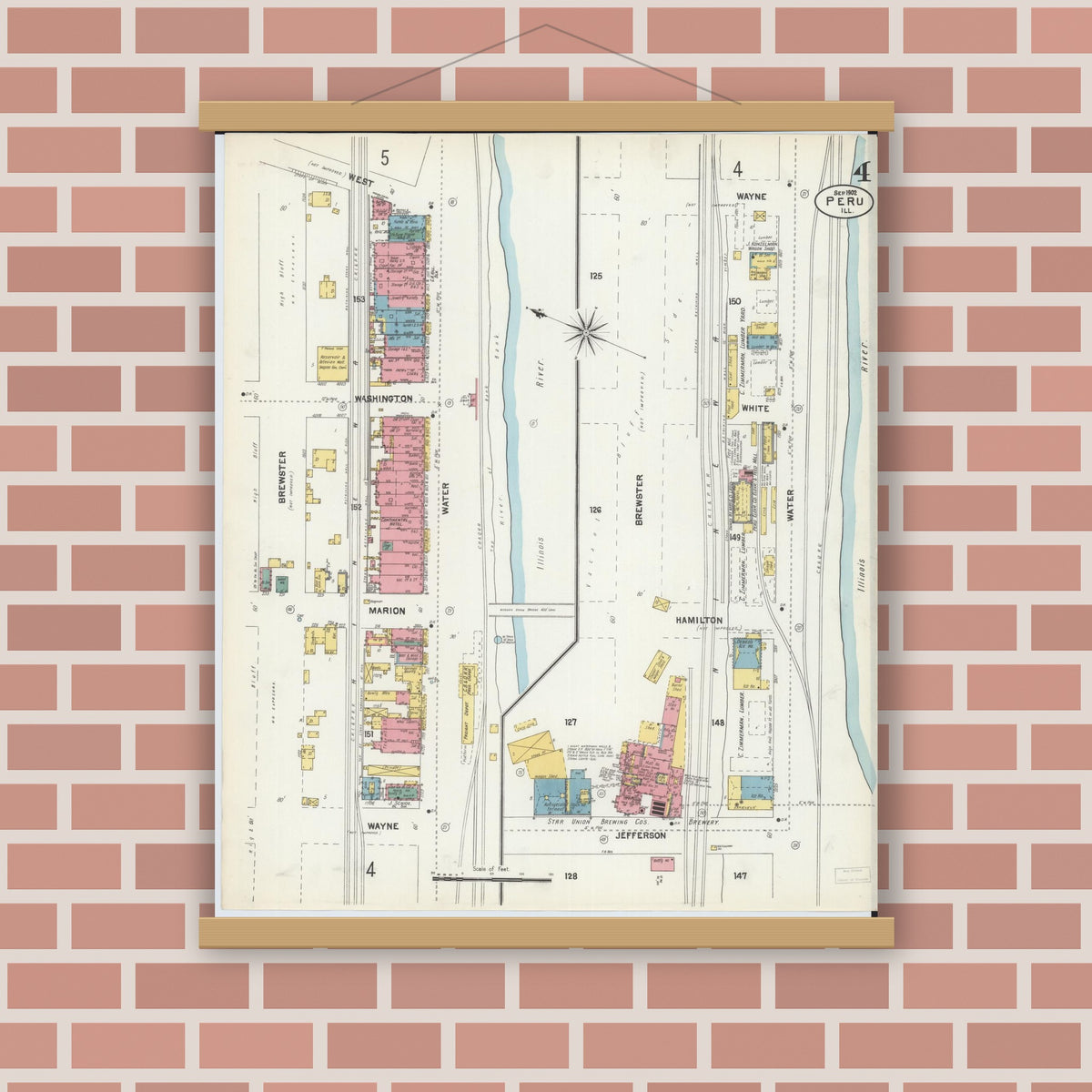 Old map wall art mockup — magnetic wood frame on brick wall — Sanborn Fire Insurance Map from Peru, La Salle County, Illinois (1902), Sheet #0004
