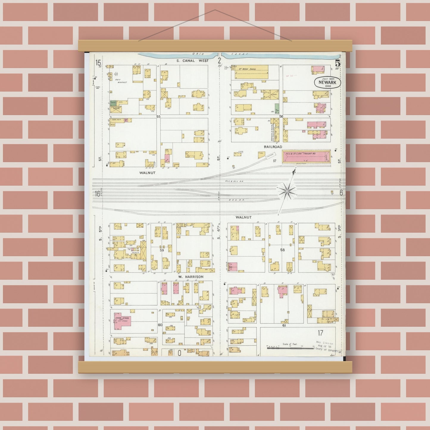 Old map wall art mockup — magnetic wood frame on brick wall — Sanborn Fire Insurance Map from Newark, Licking County, Ohio (1899), Sheet #0005