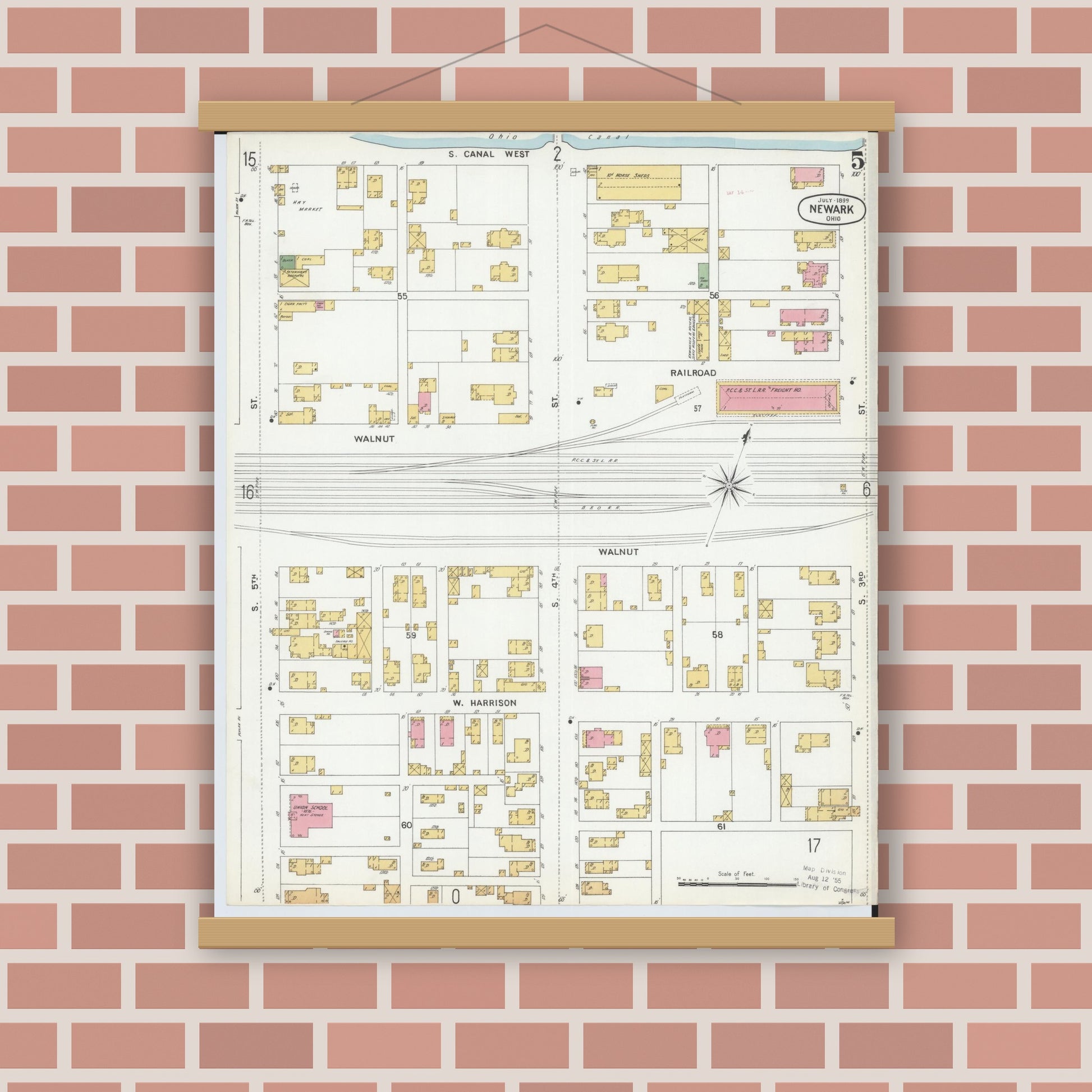 Old map wall art mockup — magnetic wood frame on brick wall — Sanborn Fire Insurance Map from Newark, Licking County, Ohio (1899), Sheet #0005