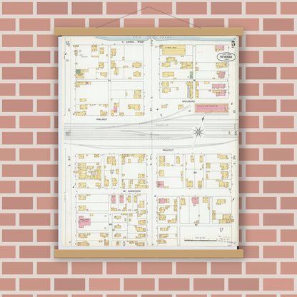 Old map wall art mockup — magnetic wood frame on brick wall — Sanborn Fire Insurance Map from Newark, Licking County, Ohio (1899), Sheet #0005