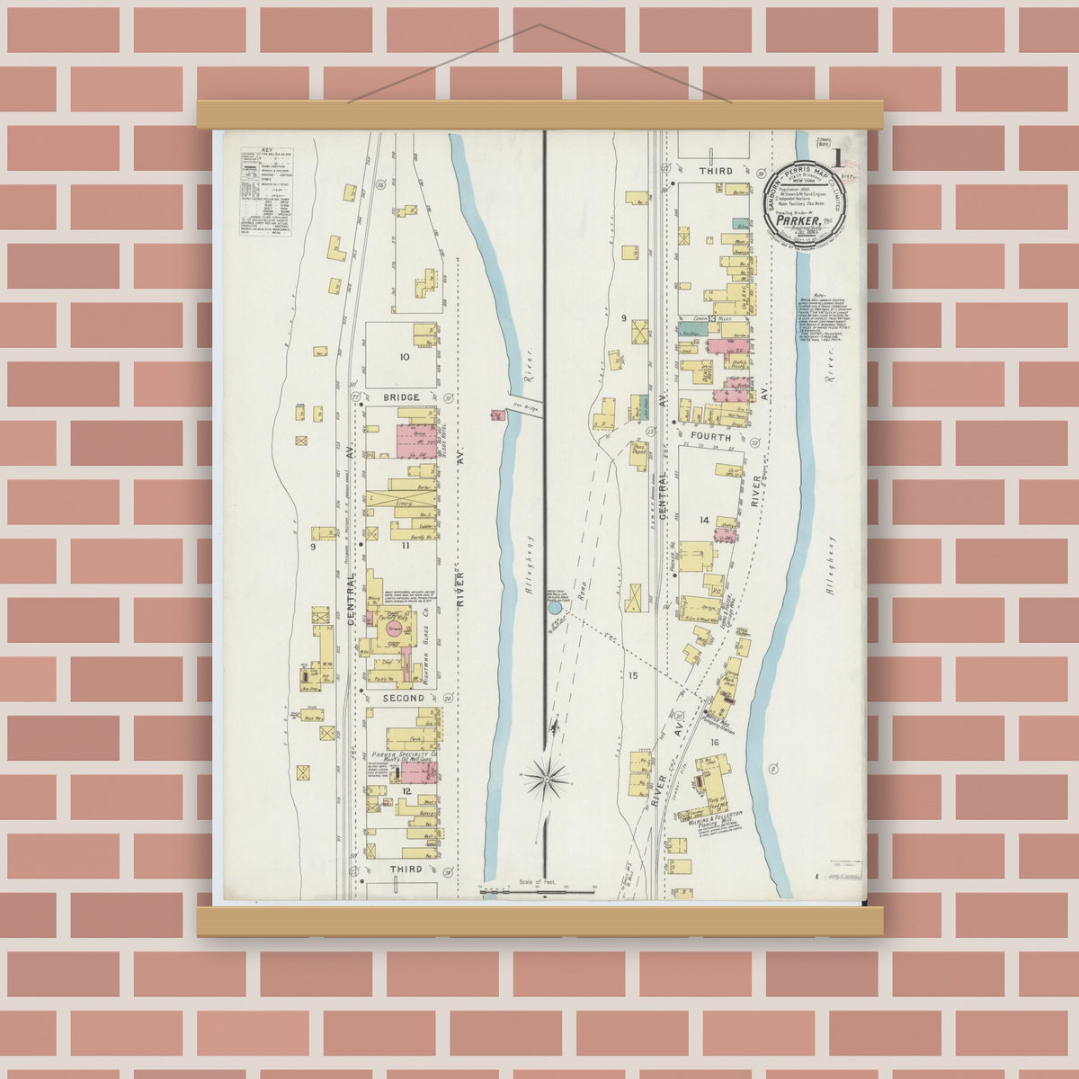 Old map wall art mockup — magnetic wood frame on brick wall — Sanborn Fire Insurance Map from Parkers Landing, Armstrong County, Pennsylvania (1894), Sheet #0001